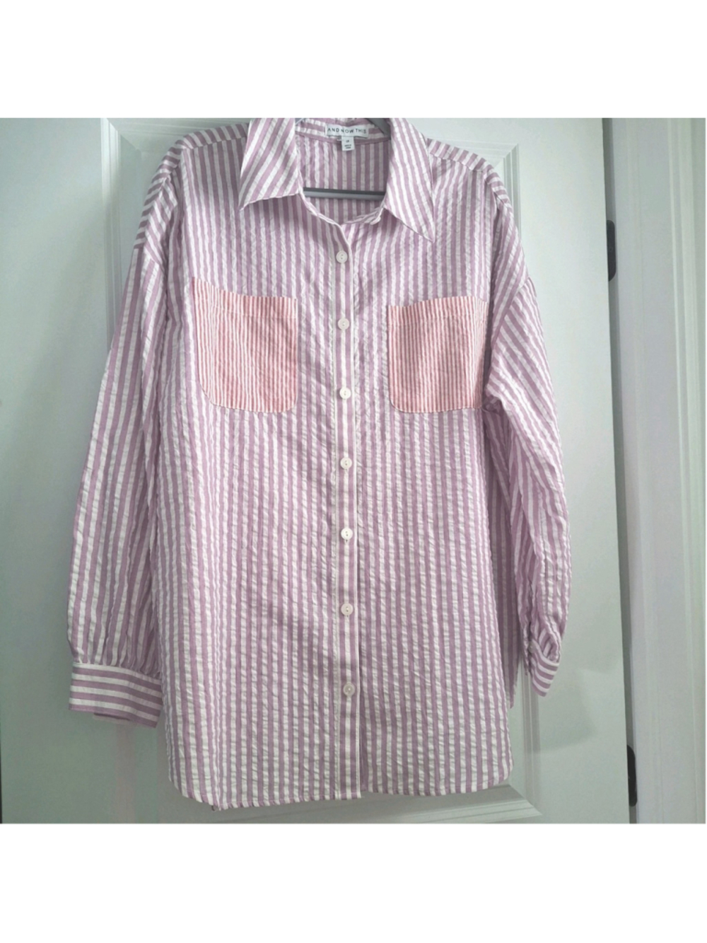 And Now This Womens 2X Seersucker Shirt Coastal Purple Stripe Button Up Plus 2XL
